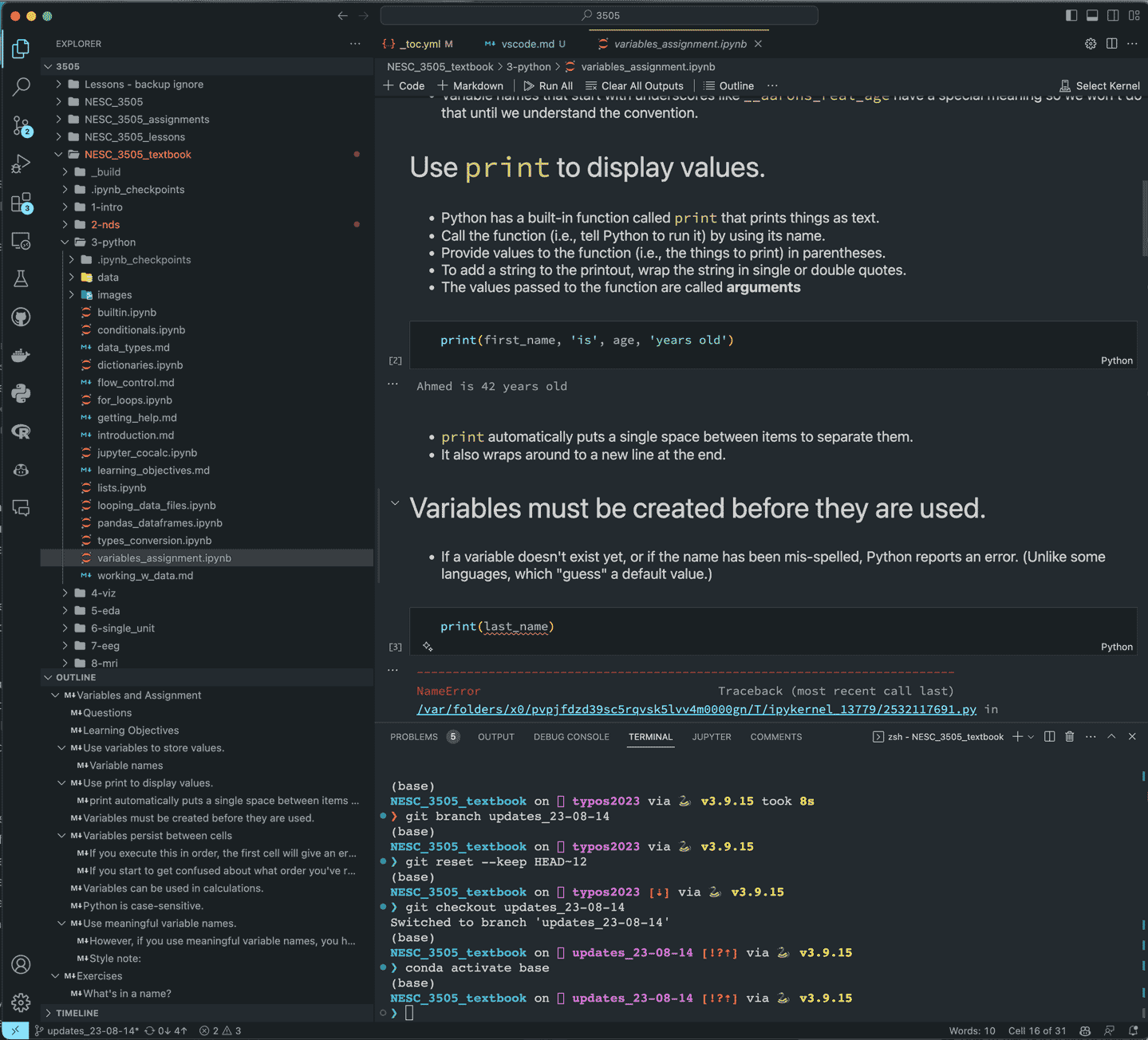 A screenshot of VS Code during the writing of this book.
